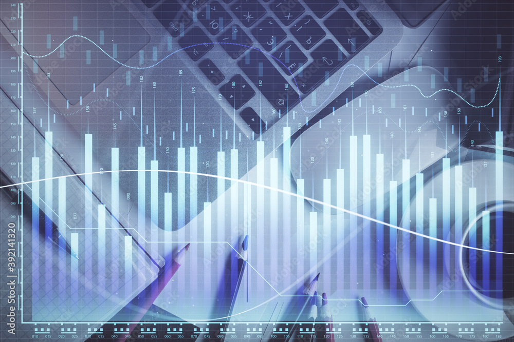 Double exposure of financial chart drawing over table background with computer. Concept of research and analysis. Top view. Double exposure of financial chart drawing over table background with computer. Concept of research and analysis. Top view.