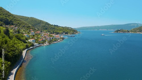 Wallpaper Mural Perast, Montenegro. Aerial panoramic view of the beautiful seascape and mountains. Was filmed at summer day  Torontodigital.ca