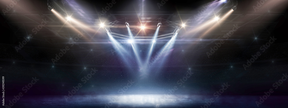© Ruslan Shevchenko - Sport background. Winter. Blue ice floor texture and mist. Snow and ice background. Empty ice rink illuminated by spotlights. Scene Illumination