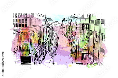 Building view with landmark of Cologne is the largest city of Germany. Watercolour splash with hand drawn sketch illustration in vector.