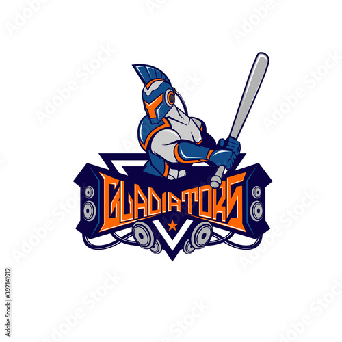 modern tech robot gladiator holding a baseball bat disc jockey mascot vector illustration
