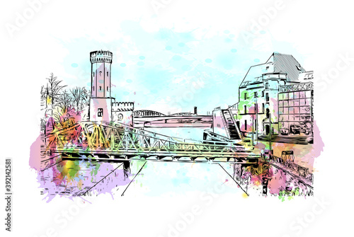 Building view with landmark of Cologne is the largest city of Germany. Watercolour splash with hand drawn sketch illustration in vector.