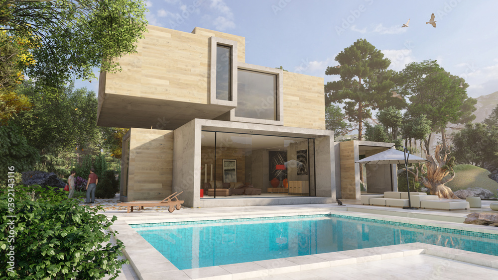 Modern  cubic house with pool