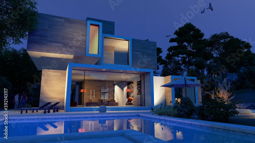 Modern  cubic house with pool by night