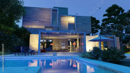 Animation of a modern cubic house with pool and garden in the evening 
