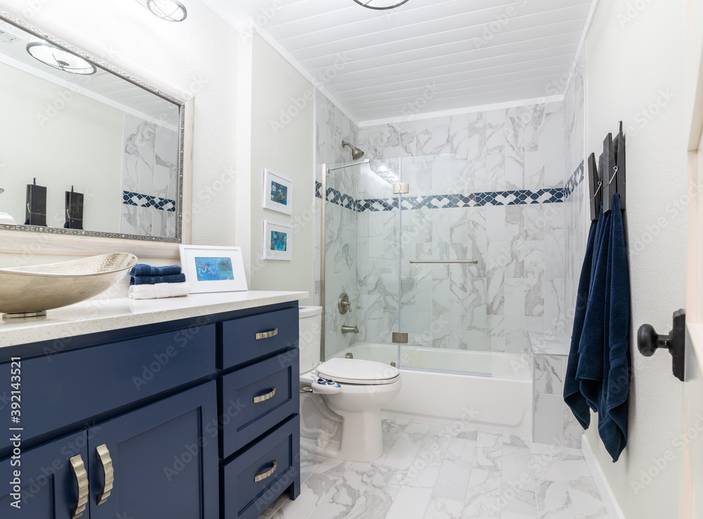 Navy, white and grey modern bathroom Stock Photo | Adobe Stock