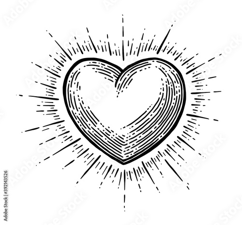 Heart with rays. Vector black vintage engraving illustration isolated on a white background. For web, poster, info graphic.