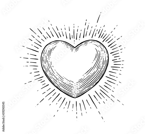 Heart with rays. Vector black vintage engraving illustration isolated on a white background. For web, poster, info graphic. photo