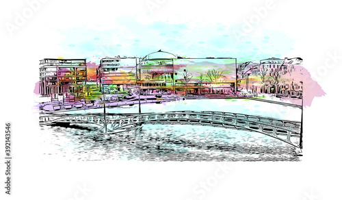 Building view with landmark of Cologne is the largest city of Germany. Watercolour splash with hand drawn sketch illustration in vector.