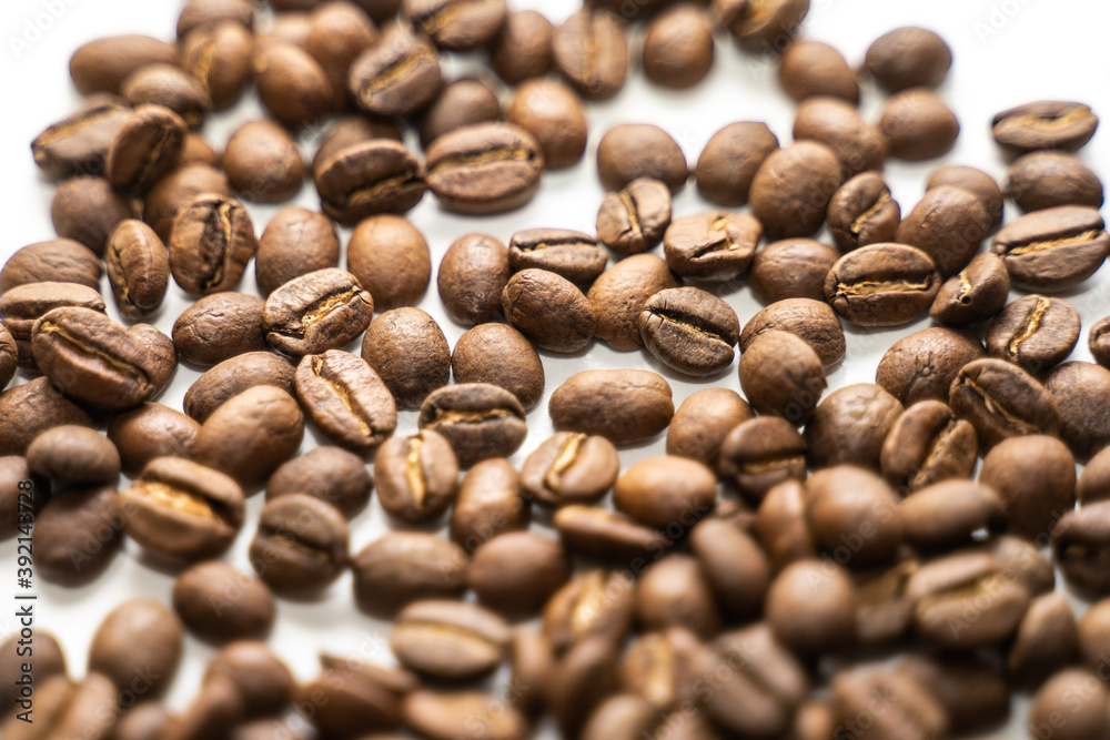 Roasted coffee beans isolated on the white background