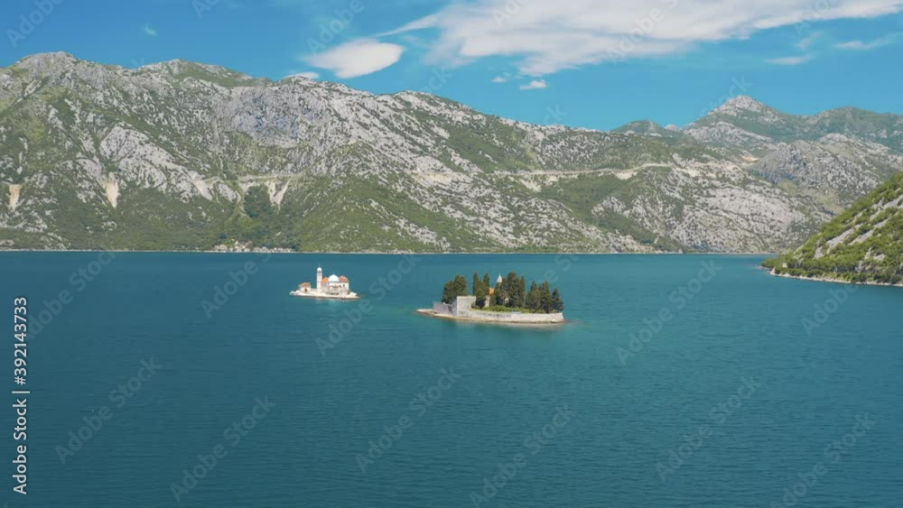 Perast, Bay of Kotor, Montenegro. Aerial view of the Our Lady of the Rocks and The island Saint George Perast, Bay of Kotor, Montenegro. Aerial view of the Our Lady of the Rocks and The island Saint George