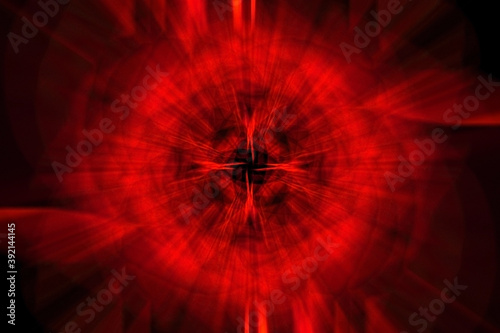 Geometric figure at night, magical glow of a red mandala with a cross in the center. Hellish background