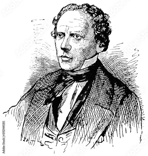 Portrait of Ludwig Uhland - a German poet, philologist and literary historian. Illustration of the 19th century. White background.