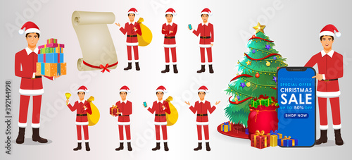 Set of cartoon Christmas Santa Claus  Funny happy Santa Claus character with gift  bag with presents  waving and greeting. For Christmas cards  banners  tags  mobile and labels. Flat Santa Character.
