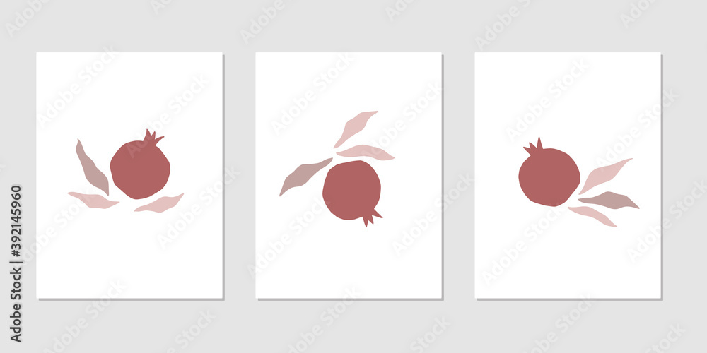 Abstract pomegranate vector illustration set. Pomegranate and leaves on white background. Contemporary art. Design for wallpaper, modern print, home decor poster Abstract pomegranate vector illustration set. Pomegranate and leaves on white background. Contemporary art. Design for wallpaper, modern print, home decor poster