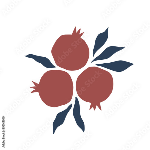 Pomegranate hand drawn vector illustration. Ripe pomegranate and leaves on white background. Design for wallpaper, textile, modern print, home decor poster, clipart