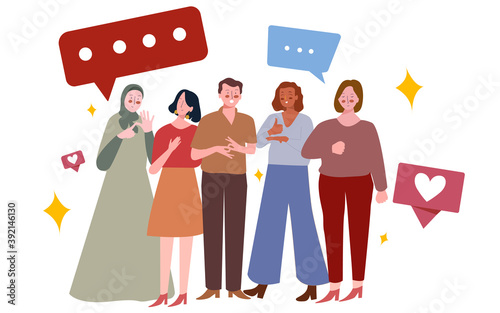 people character man woman deaf communicate use finger hand sign language with flat cartoon style