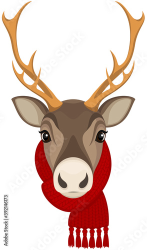Vector illustration of a cartoon reindeer wearing a bright red scarf.