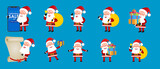Set of cartoon Christmas Santa Claus, Funny happy Santa Claus character with gift, bag with presents, waving and greeting. For Christmas cards, banners, tags, mobile and labels. Christmas Santa Claus.