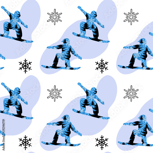 Snowboard exposure with snowflakes and christmas tree seamless pattern