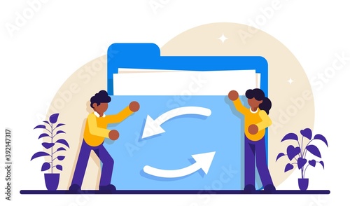 Date or job sharing concept. Delegating duties and responsibilities to colleagues. Job sharing, alternative work schedule, collaborative employment, division of a job. Modern flat illustration.