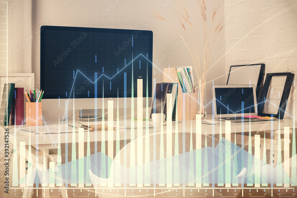 Double exposure of financial graph drawing and office interior background. Concept of stock market. Double exposure of financial graph drawing and office interior background. Concept of stock market.