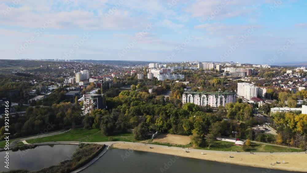 Aerial drone view of Chisinau city with Valea Morilor green park and lake in Moldova Aerial drone view of Chisinau city with Valea Morilor green park and lake in Moldova