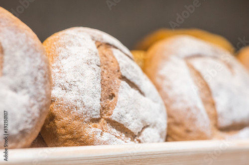 freshly baked bread on a bakery shelf