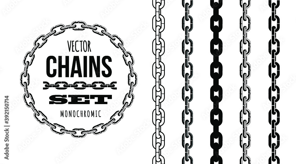 Different type of chains, black and white isolated vector illustration set. Design for stickers, logo, web and mobile app.