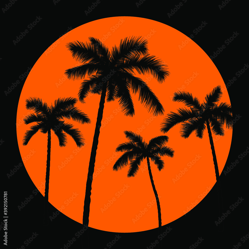Silhouette of palm trees inside orange sun. vector illustration.