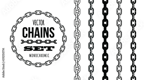 Different type of chains, black and white isolated vector illustration set. Design for stickers, logo, web and mobile app.