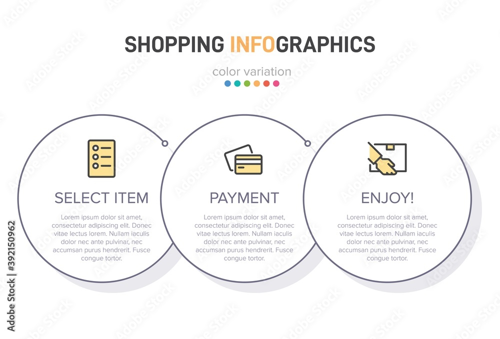 Fototapeta premium Concept of shopping process with 3 successive steps. Three colorful graphic elements. Timeline design for brochure, presentation, web site. Infographic design layout.