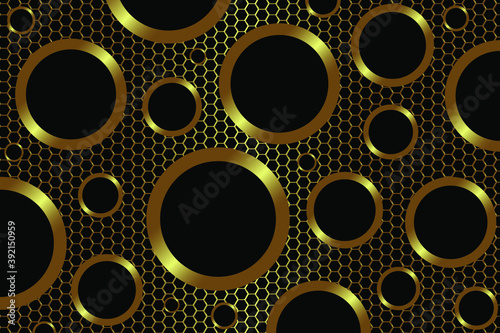 Gold circular holes on gold metallic perforated texture. Perforated circles shape gold carbon texture. Golden metallic steel background. Geometric circle texture. Industrial design backdrop. Vector il