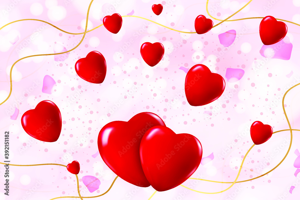Realistic 3D Red romantic valentine hearts in pink Background Floating with Happy Valentines Day Greetings. Festive Card for Happy Valentine's Day. Background with Realistic Hearts, confetti. Romantic