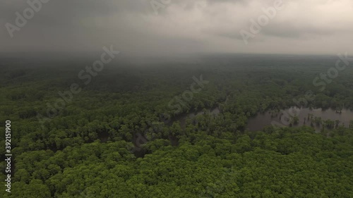 Aerial View of Stormy Clouds Above Marshland and a Swamp Forest. Spooky Scenery in Caddo Lake State Park, Texas USA