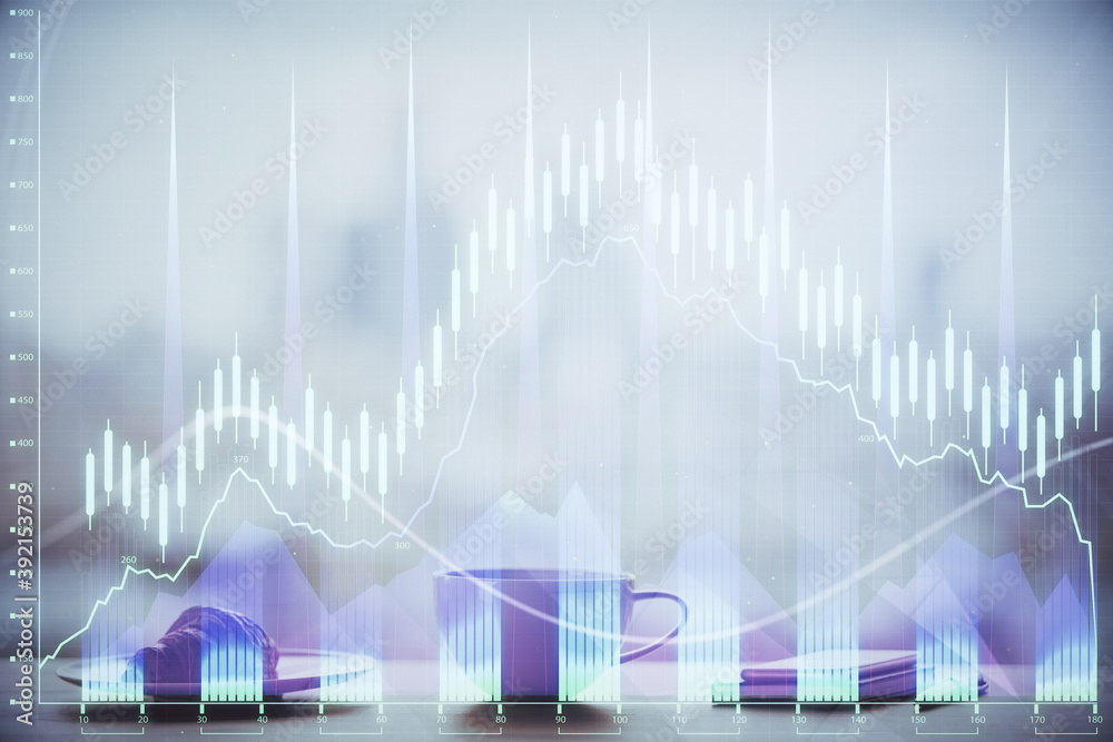 Double exposure of forex chart over coffee cup background in office. Concept of financial analysis and success. Double exposure of forex chart over coffee cup background in office. Concept of financial analysis and success.