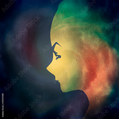 Silhouette of woman head. Scientific medical design. Double exposure. Universe filled with stars.