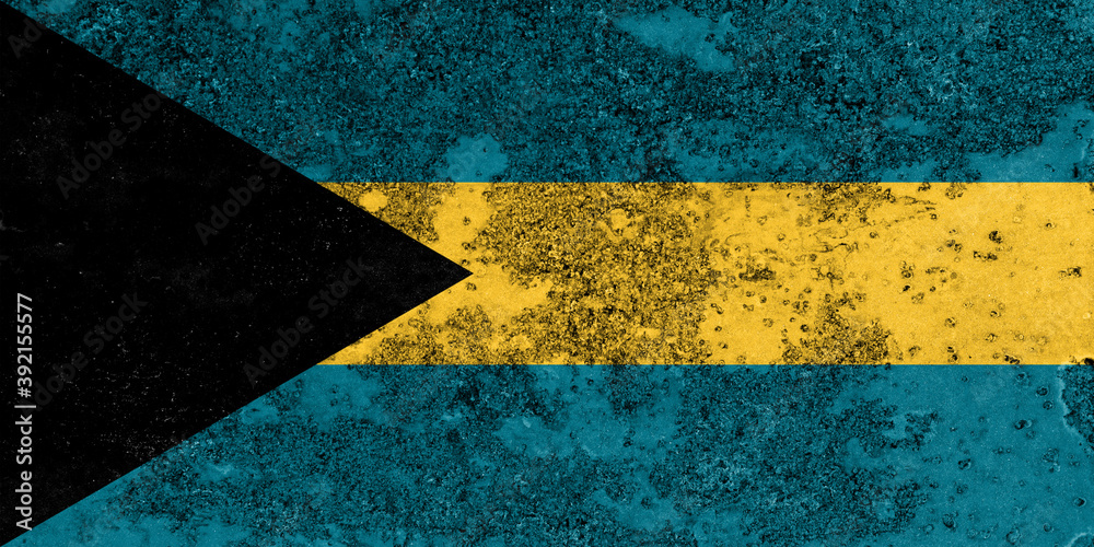 Flag of Bahamas painted on the old grunge rustic iron surface. Abstract paint of Bahamas national flag on the iron surface