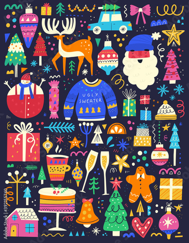 Xmas celebration symbols flat vector illustrations set