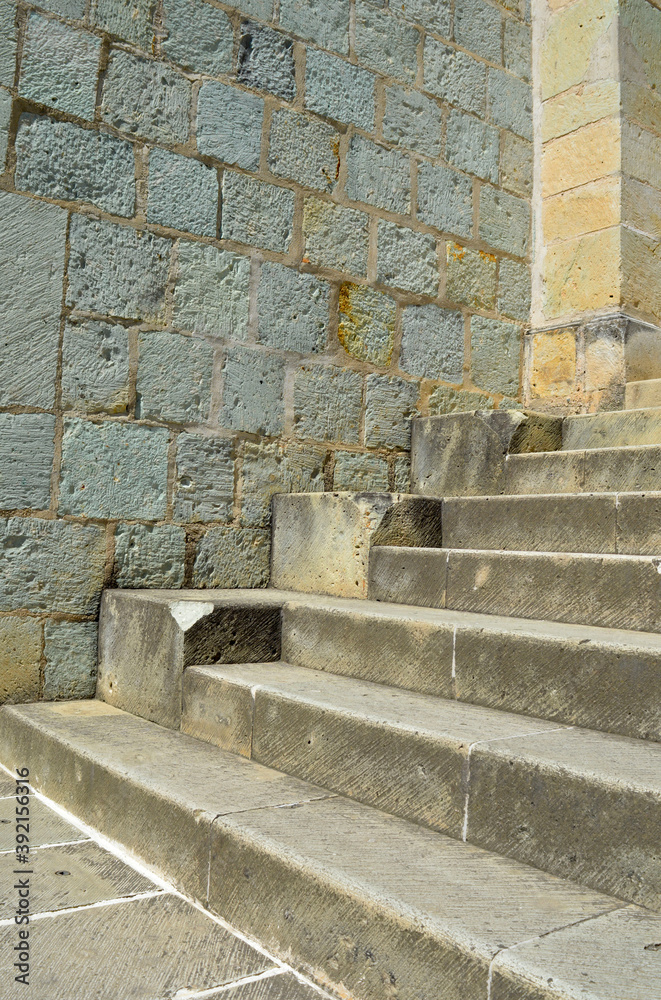 Stone stairway, Old vintage granite texture stairway. Grunge blocks stairs.