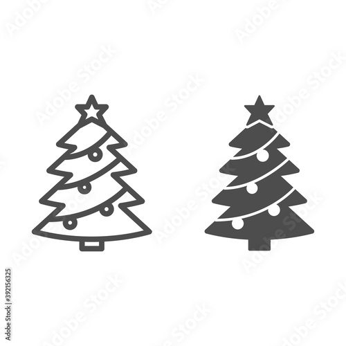 Christmas tree with decorations line and solid icon, Christmas and New Year concept, spruce with star and garland sign on white background, holiday attribute icon in outline style. Vector graphics.