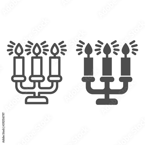 Antique candlestick with burning candles line and solid icon, Christmas concept, candelabrum sign on white background, rarity candlestick icon in outline style for mobile concept. Vector graphics.