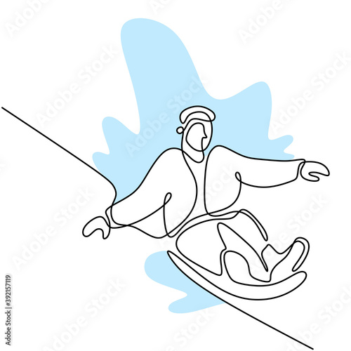 Continuous one line drawing of professional young snowboarder man ride fast snowboard at snowy mountain. Extreme sport winter concept. Minimalism design. Vector sketch illustration