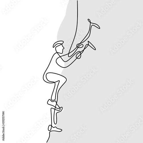 Continuous one line drawing of a male mountain climber going up snowy slope with axes against clouds isolated on white background. Extreme winter sport concept. Mountain climber. Minimalism design