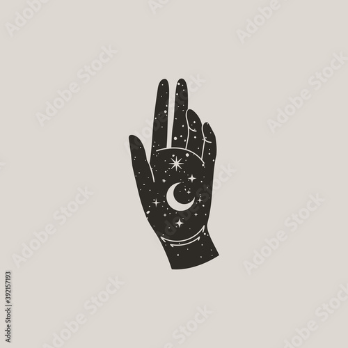 Mystical Female Hand with Moon and Stars in Trendy Boho Style. Vector Palm Icon for wall print, t-shirt, tattoo Design, for social media post and stories