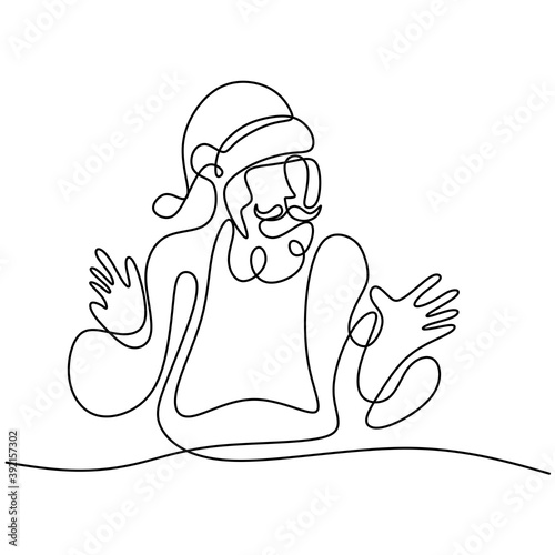 Continuous single line santa claus drawn by hand picture silhouette. Happy santa standing pose and waving hand. Christmas Santa Claus. Concept line art holiday for Christmas and New Year.