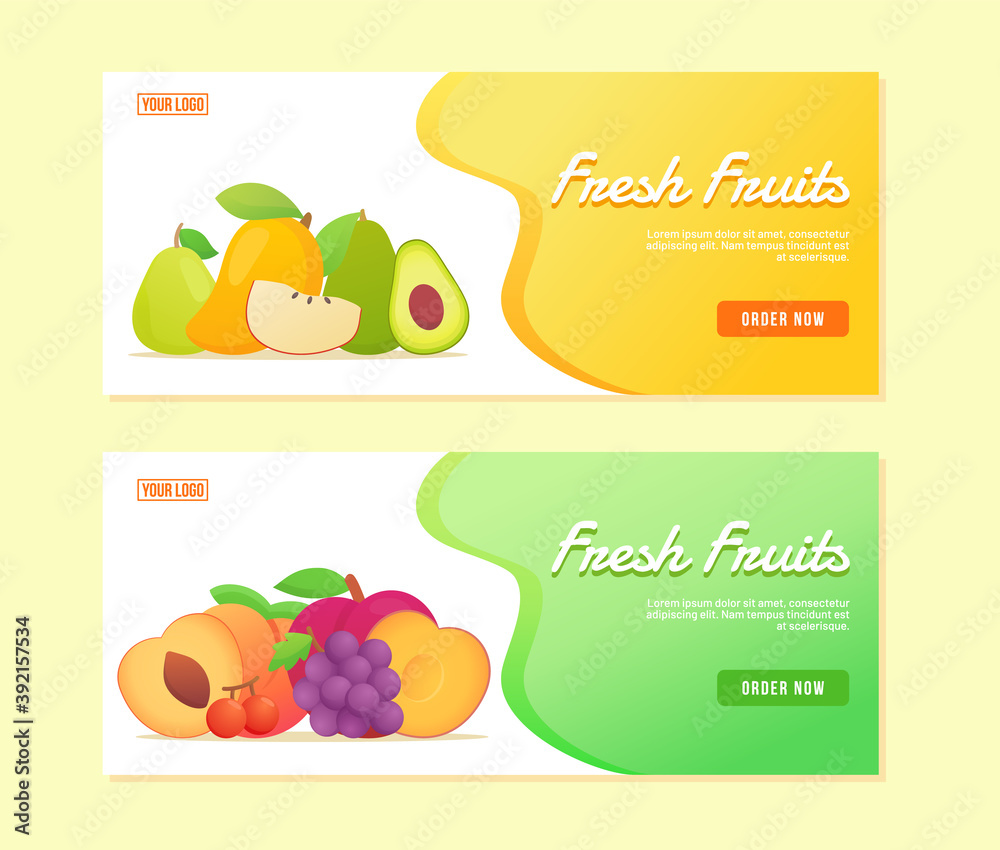 Fresh Fruits avocado apple guava mango pear peach cherry plum grape campaign for ui ux template banner with color flat style Fresh Fruits avocado apple guava mango pear peach cherry plum grape campaign for ui ux template banner with color flat style