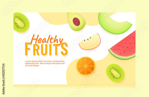Healthy fruits slice half kiwi avocado melon water melon orange apple campaign for ui ux template banner with color flat style