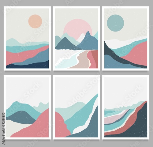 big set of Abstract mountain winter landscape poster. Geometric landscape background with mountain, wave, hill, sun. vector illustration