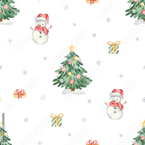 Christmas tree, snowman, gifts, snowflakes watercolor seamless pattern